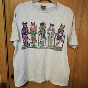 Vintage Cat Tee Double Sided Large Workout 80s 90s Fitness Oneita Unisex